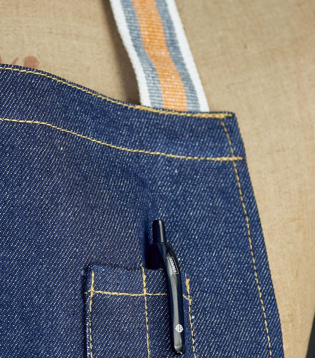 denim apron with pen pockets and stripes straps - Made in Britai