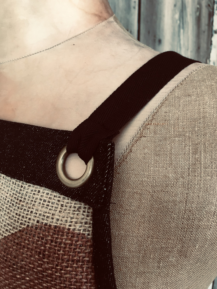Eyelet detail of reused coffee sack apron - made in the UK